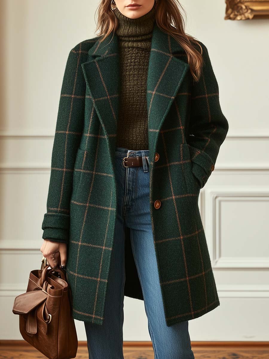 Elise | Retro Lapel Plaid Tweed Coat